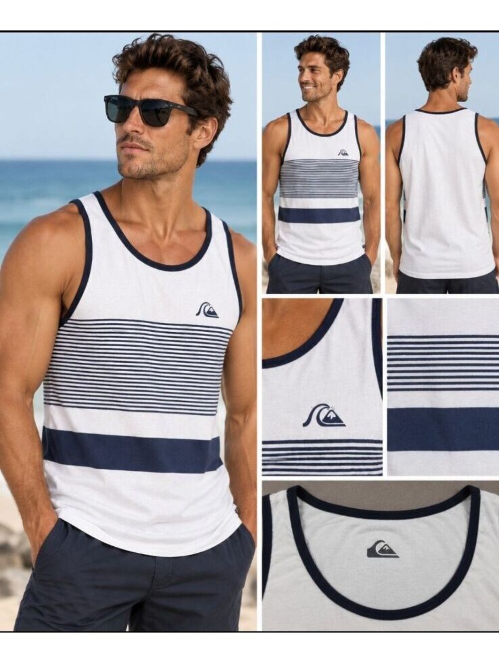 Quiksilver Premium Fit Men XXL White Blue Striped Surf Tank Top 100% Cotton